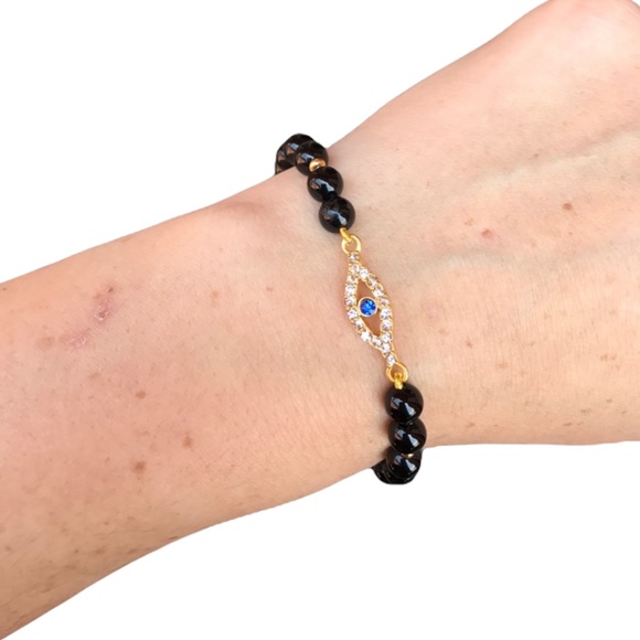 Evil Eye black agate Beaded stretch Bracelet - Picture 8 of 16